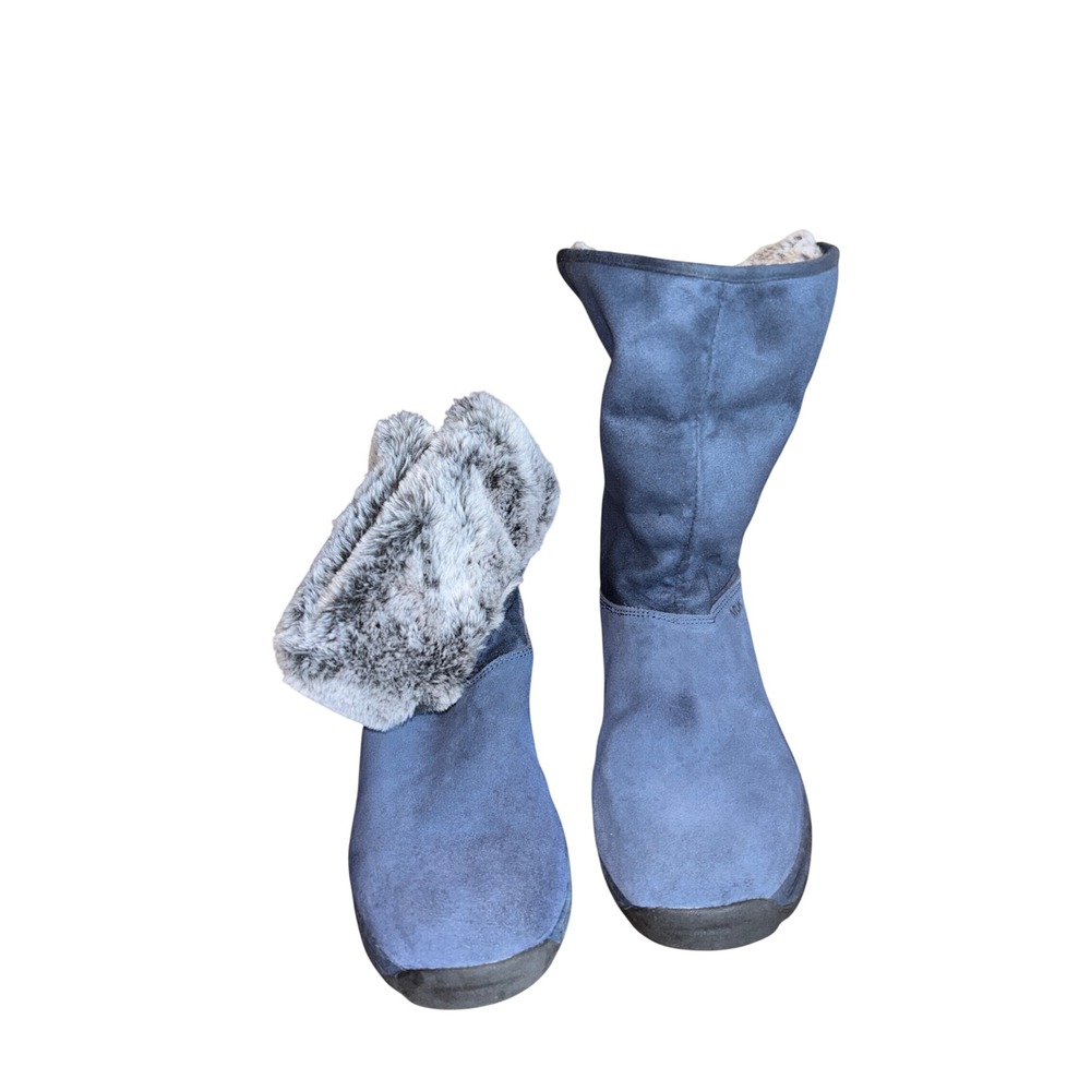 Muk Luks Suede Winter Boots Womens 9W Navy Blue Faux Fur Fold Over Zip